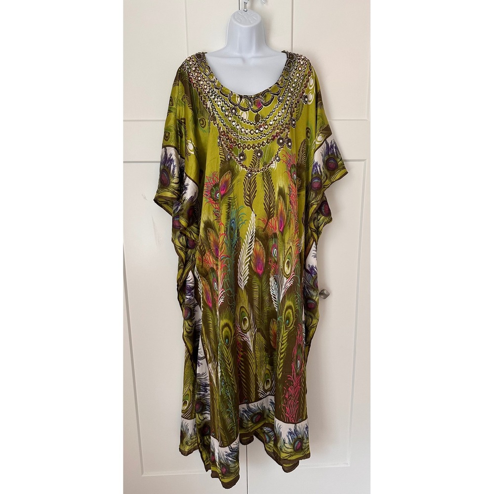 Gold Coast Peacock Print Embellished Kaftan Dress Green OS Maxi Cover Up
